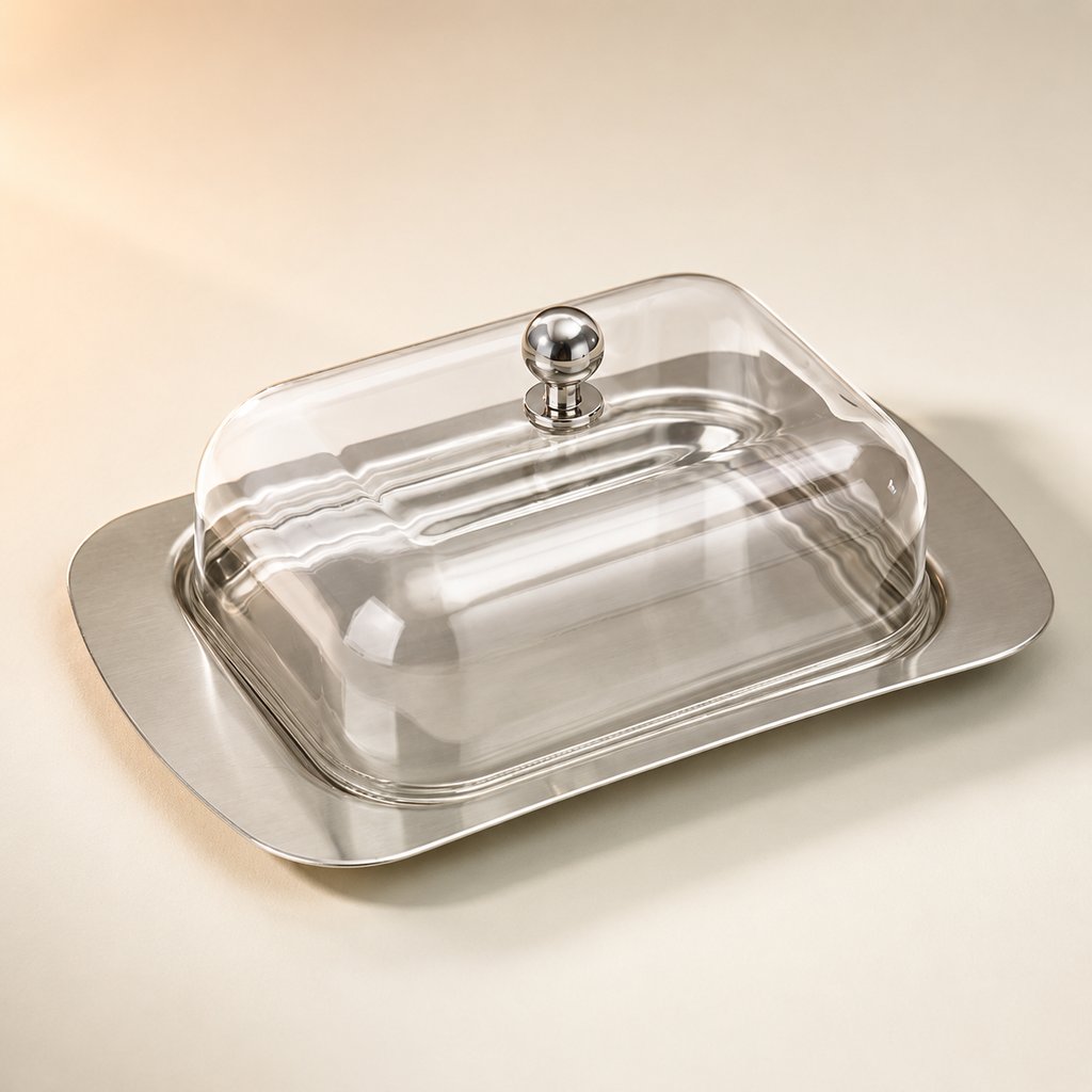 BEURRIER INOX L 18.5 CM L 12 CM H 7.5 CM AVEC COUVERCLE PLASTIQUE