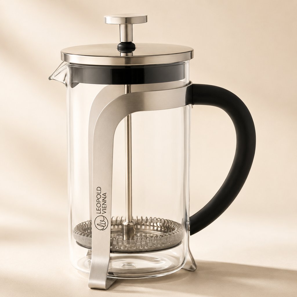 CAFETIÈRE À PISTON 1 L VERRE Ø 11 CM H 17 CM AVEC POIGNÉE PLASTIQUE THERMORÉSISTANTE AVEC COUVERCLE EN INOX ET PLASTIQUE AVEC 1 FILTRE INOX ET GRADUATION JUSQU'À 9 TASSES ET 1 SUPPORT INOX AMOVIBLE.