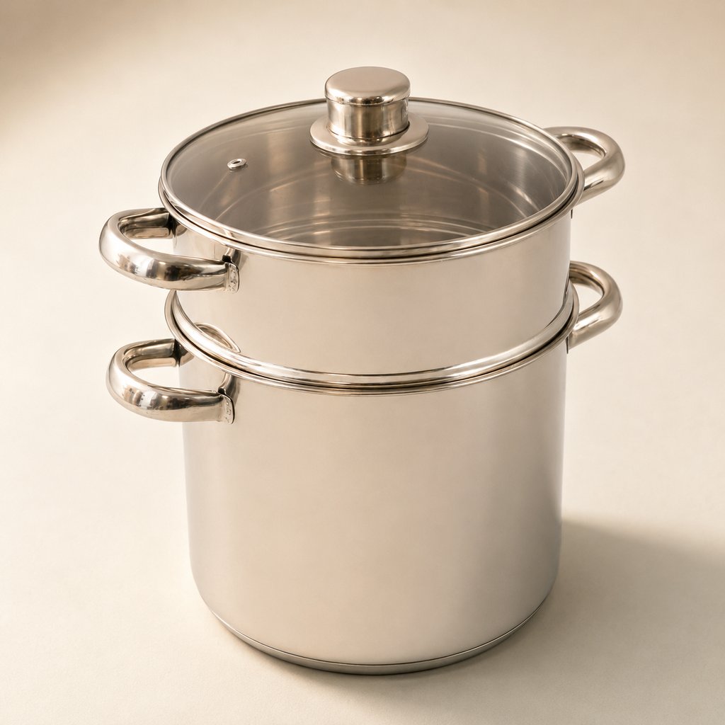 COUSCOUSSIER 12 L INOX GAMME OLYMPE Ø 24 CM H 22 CM AVEC POIGNÉE EN INOX AVEC COUVERCLE VAPEUR EN VERRE EPAISSEUR CORPS 0.5 MM EPAISSEUR FOND 2.5 MM TOUS FEUX DONT INDUCTION