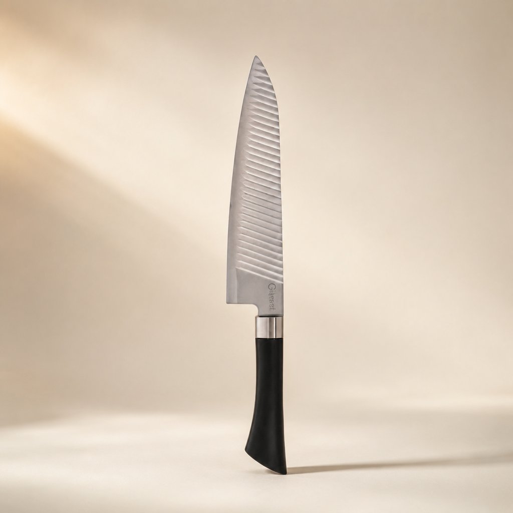 COUTEAU CHEF INOX GAMME ISHA AVEC MANCHE EN PLASTIQUE AVEC LAME ALVÉOLÉE ANTI-ADHÉRENTE