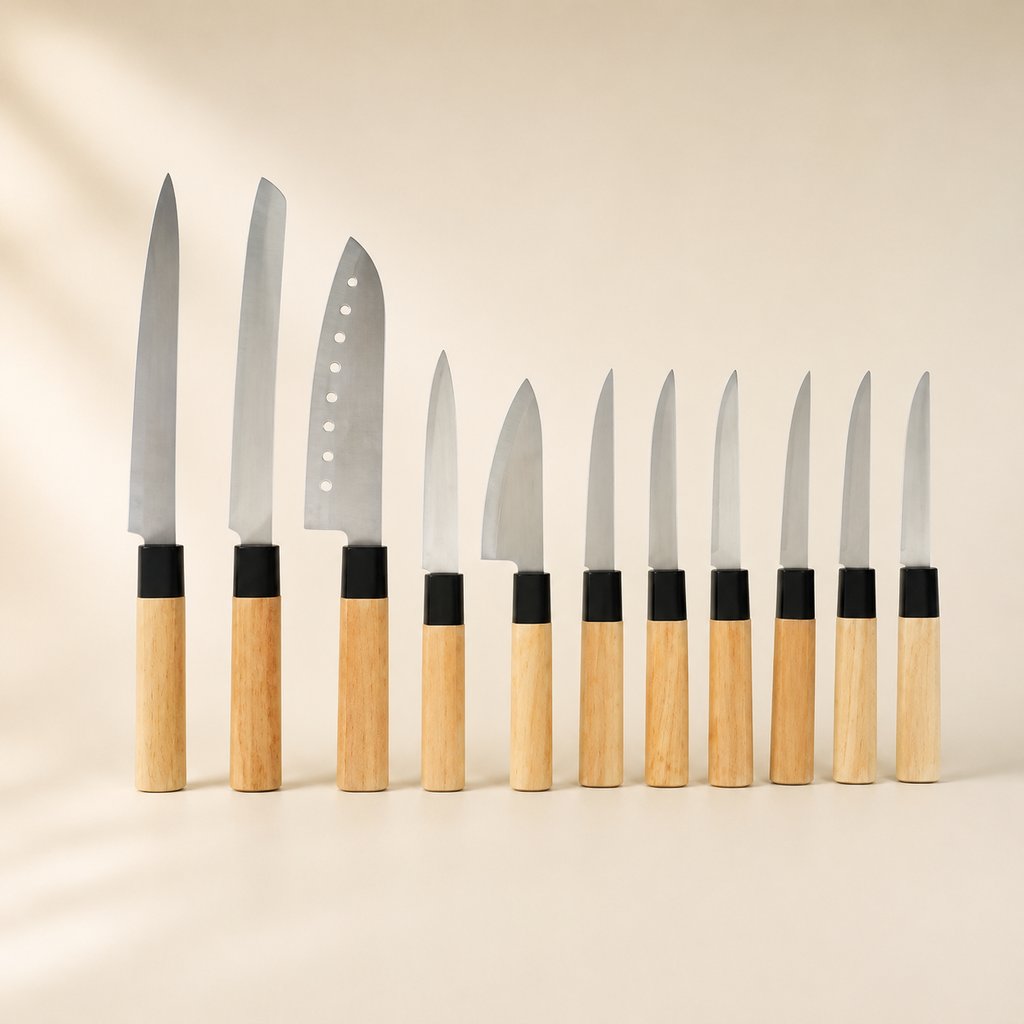 COUTEAU INOX LE LOT DE 11 PIÈCES AVEC MANCHE EN HÊTRE AVEC 6 COUTEAUX À STEAK, 1 COUTEAU DE CUISINE, 1 COUTEAU À ÉMINCER, 1 COUTEAU DE BOUCHER, 1 COUTEAU À PAIN ET 1 COUTEAU À EFFILER
