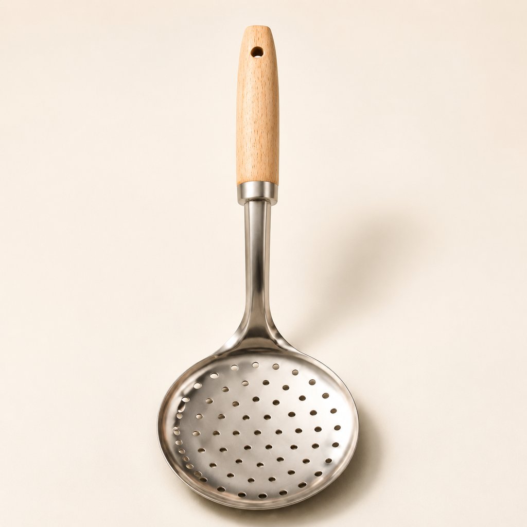 ECUMOIRE BOIS ET INOX GAMME TROUVAILLES DE GRAND-MERE L 36 CM AVEC MANCHE EN HÊTRE
