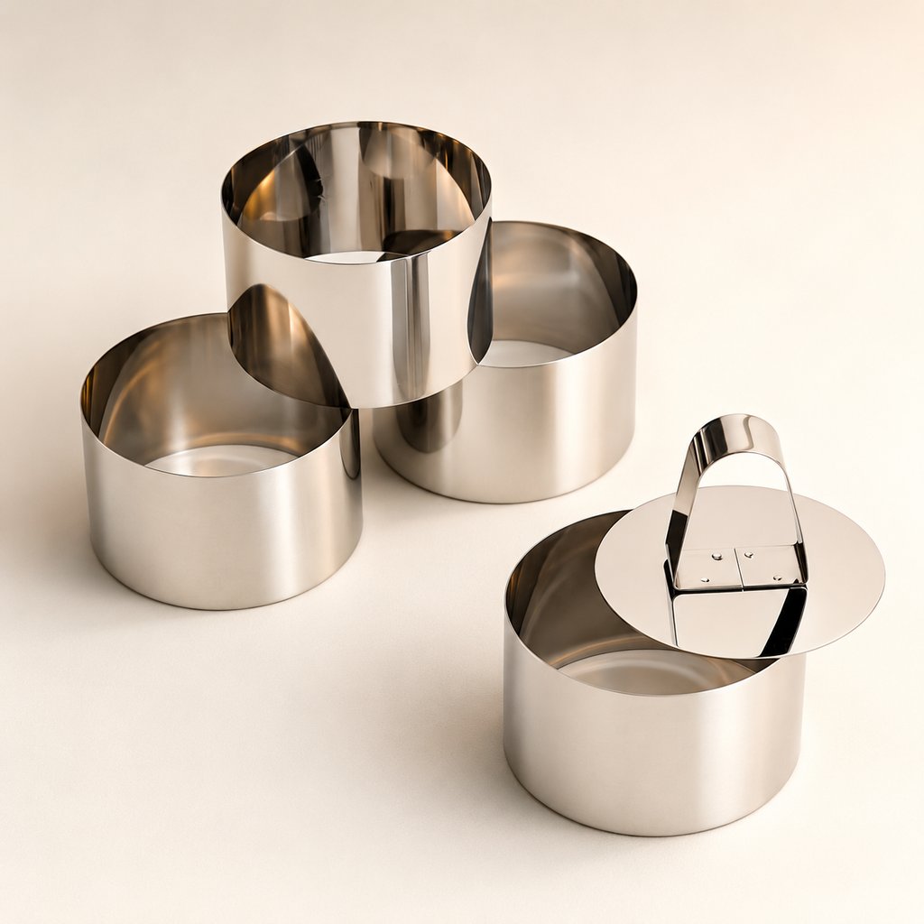 EMPORTE PIÈCE INOX FORME RONDE LE LOT DE 4 PIÈCES Ø 8 CM H 4.5 CM AVEC 1 POUSSOIR