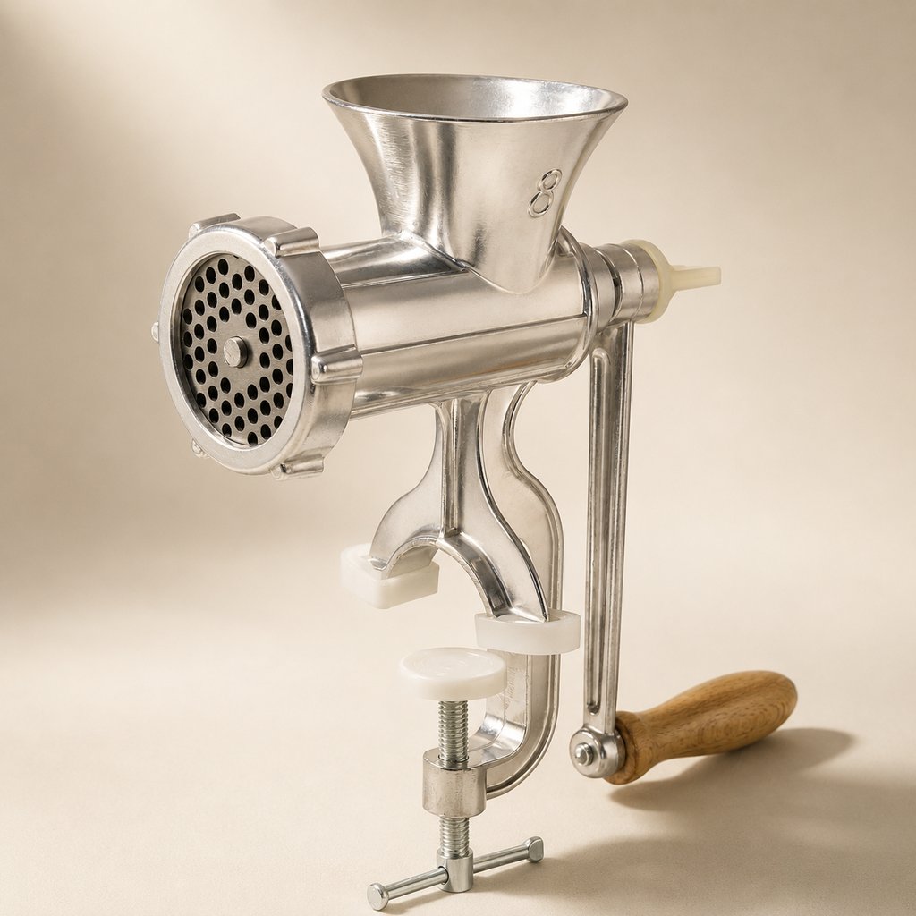 HACHOIR A VIANDE MANUEL ALUMINIUM  L 13 CM H 24 CM  AVEC MANCHE EN PLASTIQUE  AVEC LAME EN FONTE
