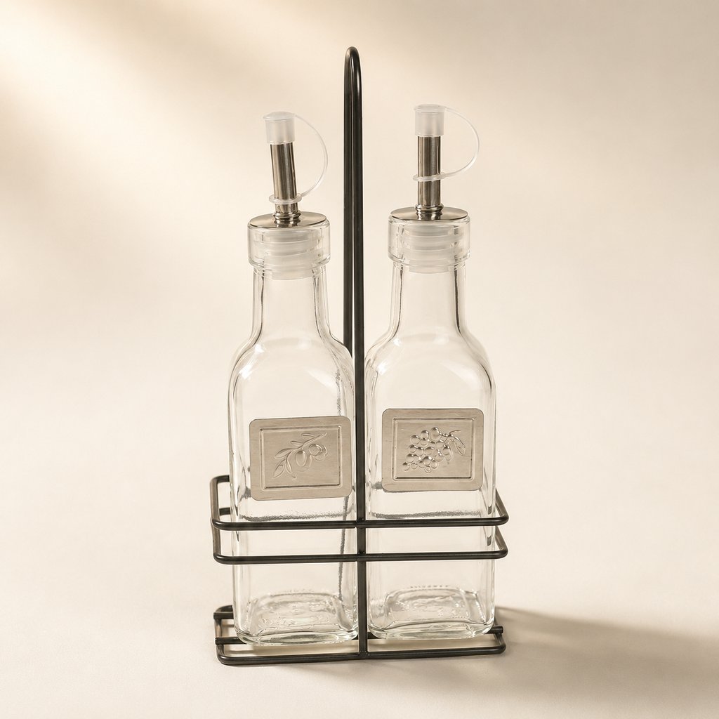 HUILIER ET VINAIGRIER 200 ML VERRE GAMME MOTS H 19.5 CM AVEC SUPPORT MÉTAL GRIS