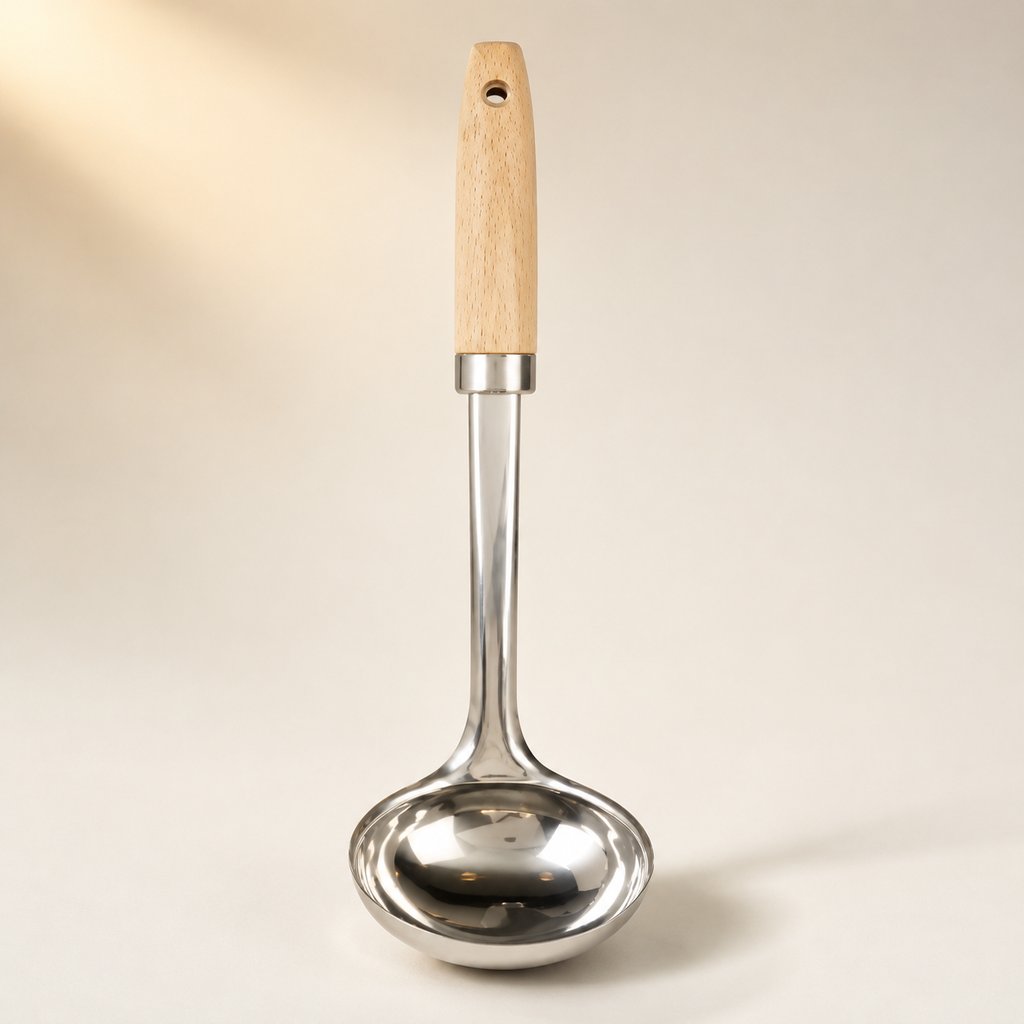 LOUCHE BOIS ET INOX GAMME TROUVAILLES DE GRAND-MERE L 33 CM AVEC MANCHE EN HÊTRE