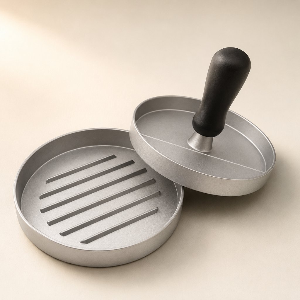 PRESSE STEAK HACHE ALUMINIUM  Ø 12 CM H 2 CM  AVEC 100 DISQUES DE CIRE Ø 11 CM ANTI-ADHESIF
