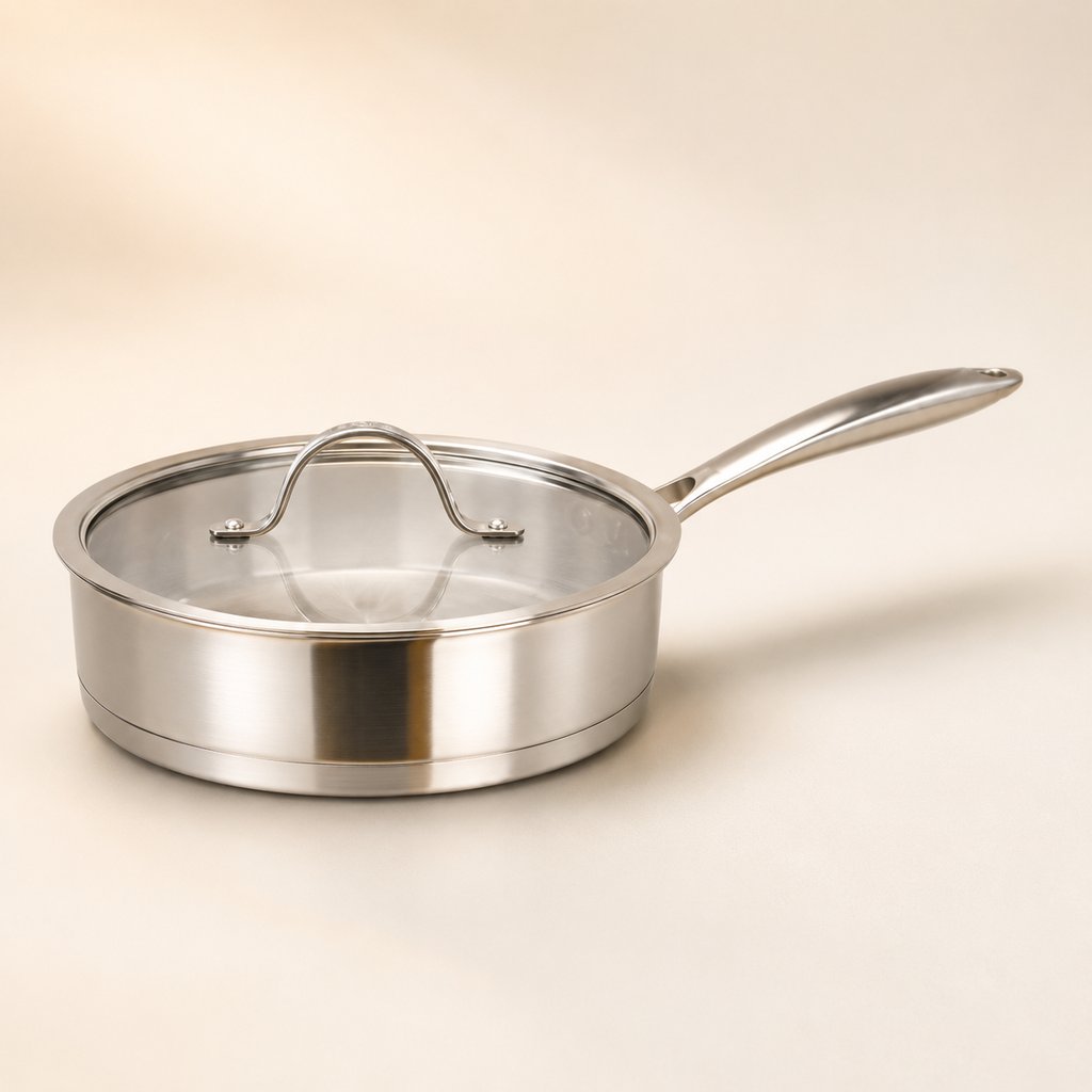 SAUTEUSE SITRAM INOX D24CM H6CM AVEC COUVERCLE VAPEUR EN VERRE EP CORPS 0.7MM EP FOND 4MM