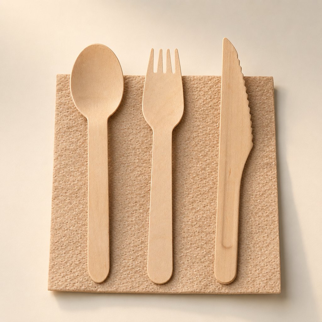 SET 3 COUVERTS BOIS AVEC SERVIETTE (EMBALLAGE UNITAIRE IMPRIMÉ) - PAR 1000