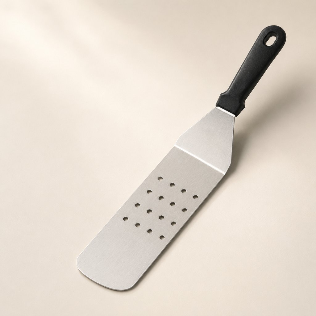 SPATULE A PLANCHA INOX L 38.5 CM L 7 CM AVEC MANCHE PLASTIQUE NOIR