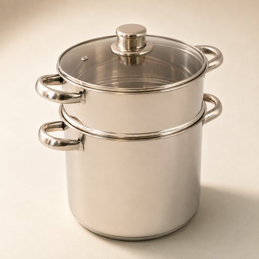 COUSCOUSSIER 12 L INOX GAMME OLYMPE Ø 24 CM H 22 CM AVEC POIGNÉE EN INOX AVEC COUVERCLE VAPEUR EN VERRE EPAISSEUR CORPS 0.5 MM EPAISSEUR FOND 2.5 MM TOUS FEUX DONT INDUCTION