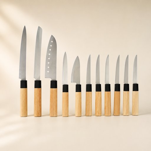 COUTEAU INOX LE LOT DE 11 PIÈCES AVEC MANCHE EN HÊTRE AVEC 6 COUTEAUX À STEAK, 1 COUTEAU DE CUISINE, 1 COUTEAU À ÉMINCER, 1 COUTEAU DE BOUCHER, 1 COUTEAU À PAIN ET 1 COUTEAU À EFFILER