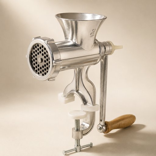 HACHOIR A VIANDE MANUEL ALUMINIUM  L 13 CM H 24 CM  AVEC MANCHE EN PLASTIQUE  AVEC LAME EN FONTE