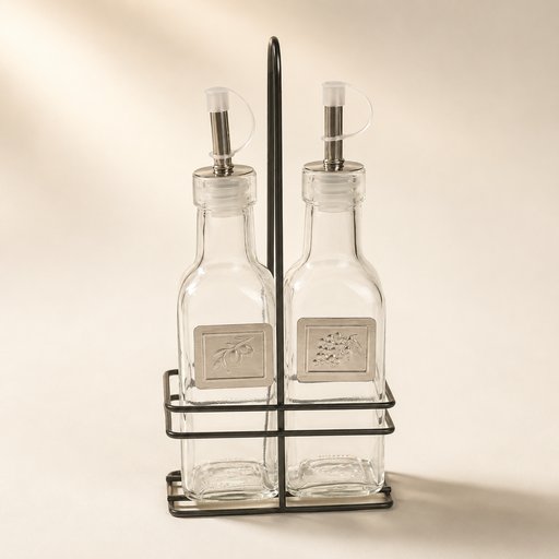HUILIER ET VINAIGRIER 200 ML VERRE GAMME MOTS H 19.5 CM AVEC SUPPORT MÉTAL GRIS