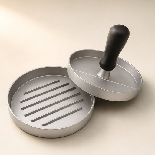 PRESSE STEAK HACHE ALUMINIUM  Ø 12 CM H 2 CM  AVEC 100 DISQUES DE CIRE Ø 11 CM ANTI-ADHESIF