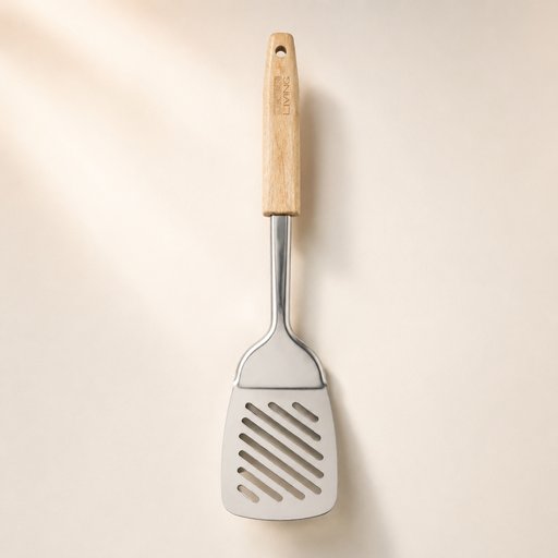 SPATULE AJOURÉE BOIS ET INOX GAMME TROUVAILLES DE GRAND-MERE L 34 CM AVEC MANCHE EN HÊTRE